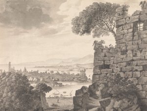 Landschap met ruïnes op de voorgrond, haven en dorp op de achtergrond door Henry Swinburne