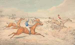 Steeplechase: vier ruiters nemen een greppel en een oxer door Henry Thomas Alken