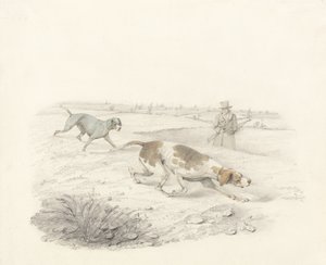 Twee Pointers, naar rechts gericht met een sportman (grafiet en aquarel op papier) door Henry Thomas Alken