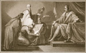 Doomsday Book gepresenteerd aan Willem I, gegraveerd door J. Fittler, illustratie uit David Hume