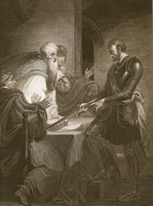 Earl Warenne rechtvaardigt de titels van zijn landgoederen, gegraveerd door J. Fittler, illustratie uit David Hume