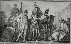 Henry en Lewis begeleiden de paus naar het kasteel van Torci, gegraveerd door Saunders, illustratie uit David Hume