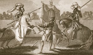 Richard II onderbreekt het duel tussen Hereford en Norfolk, illustratie uit David Hume