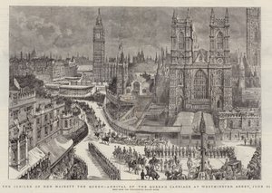 Het jubileum van Hare Majesteit de Koningin, aankomst van de koets van de koningin bij Westminster Abbey, 21 juni door Henry William Brewer