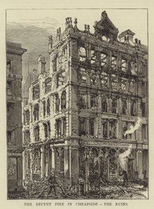 De recente brand in Cheapside, de ruïnes