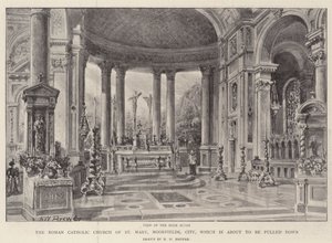 De rooms-katholieke kerk van St. Mary, Moorfields, City, die op het punt staat te worden afgebroken