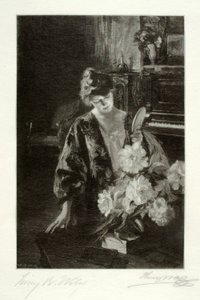 Meisje en pioenen (de handspiegel) door Henry Wolf