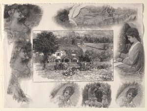 Landschap met huisje en koeien omringd door diverse schetsen door Henry Wolf