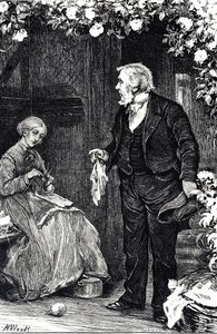 Gravure die een vrouw afbeeldt die aan het breien is door Henry Woods