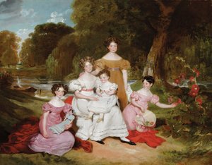 Groepsportret van de familie Ward Hunt in een landschap voor een rivier