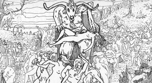 Voorstelling van een sabbatbijeenkomst door heksen voorgezeten door satan Tekening door Henry de Malvost uit 