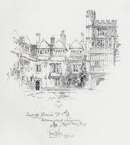 Brasenose College, Oxford, met de ingang naar de kamers van de Engelse geestelijke en schrijver Reginald Heber door Herbert (after) Railton