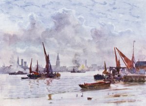 Battersea Reach (kleur litho) door Herbert Menzies (after) Marshall