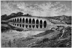 Brug met 17 bogen op het Kunmingmeer bij het Ete-paleis nabij Peking in de 19e eeuw. Gravure naar een tekening van Catenacci, naar een foto van Thomson, in "Le Tour du Monde, Nouveau journal des Voyages", uitgegeven door Edouard Charton, Parijs door Hercule (after) Catenacci