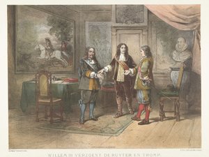 Prins Willem III verzoent Michiel de Ruyter en Cornelis Tromp, 1673 door Herman Frederik Carel ten Kate