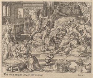 Geboorte van Peres en Zerah door Herman Jansz Muller after Maerten van Heemskerck