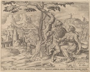 Juda geeft Tamar de belofte door Herman Jansz Muller after Maerten van Heemskerck