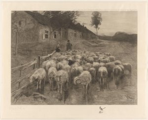 Herder en een vrouw bij een schaapskudde door Herman Johannes van der Weele (signed by artist)