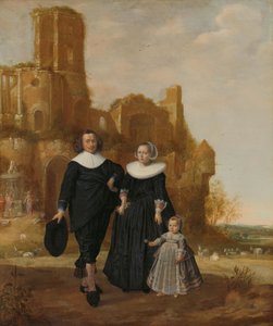 Portret van een echtpaar met hun kind in een landschap