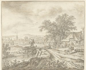 Heuvellandschap met een boerderij bij een bruggetje door Herman Saftleven