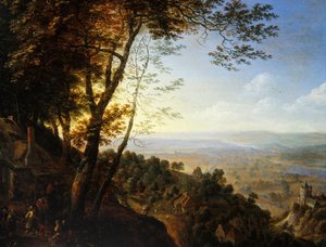 Een boslandschap met boeren bij een huisje door Herman the Younger Saftleven