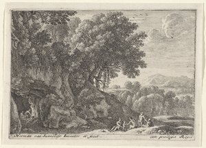 Saters rond het vuur in een grot Landschappen met saters (series title) door Herman van Swanevelt