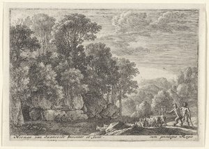 Twee saters met een kudde geiten Landschappen met saters (series title) door Herman van Swanevelt