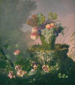 Bloemenmand met fruit bij een boomstronk door Hermania Neergaard