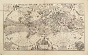 Een nieuwe en correcte kaart van de wereld, opgesteld volgens de nieuwste ontdekkingen en de meest exacte observaties, door Herman Moll, Geograaf