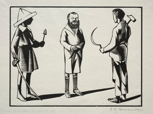 Moi! Ik houd het zwaard en de wijwaterkwast vast; jij de sikkel, de hamer en het pastel. Dat is de baard. door Hermann Paul