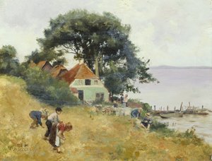 Kinderen die graan verzamelen bij een meer, ca. 1900-10 door Hermann Seeger
