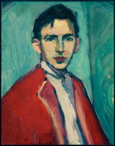Zelfportret met rode jas door Hermann Stenner