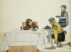 De jonge Lodewijk XIII (1601-1643), nog geen koning, bediend door zijn gouverneur na de dood van zijn vader Hendrik IV (1553-1610). Illustratie door Hermann Vogel