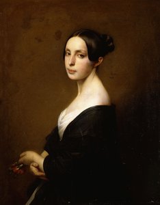 Portret van een dame, half lengte, in een zwarte jurk en met een anjer