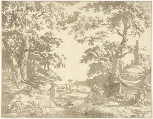 Arcadisch landschap met Janusbeeld door Hermanus Fock