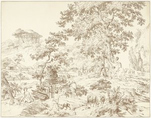 Arkadisch landschap met voetbadende vrouw