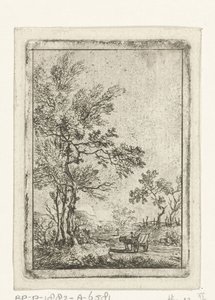 Landschap met hoge boompartij en paard en wagen
