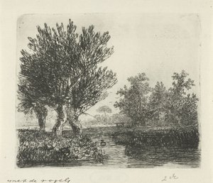 Drie knotwilgen aan een waterkant door Hermanus Jan Hendrik van Rijkelijkhuysen