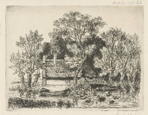 Riviergezicht met een schuit en eenden door Hermanus Jan Hendrik van Rijkelijkhuysen