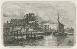 Zeilschip aan de waterkant door Hermanus Jan Hendrik van Rijkelijkhuysen