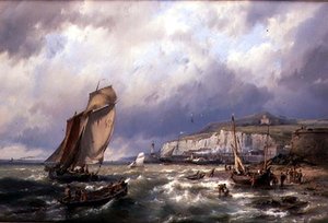 Zeilvaartuigen en een Kanaalveerboot bij Folkstone