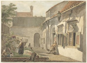 Binnenplaatsje met figuren te Utrecht door Hermanus van Brussel