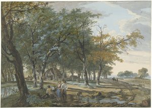Landschap met een huis tussen bomen en een weg langs akkers