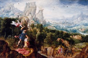 Landschap met het offer van Isaak door Herri met de Bles
