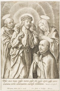 Ignatius van Loyola knielend voor Christus, de Maagd en Petrus door Hieronymous Wierix