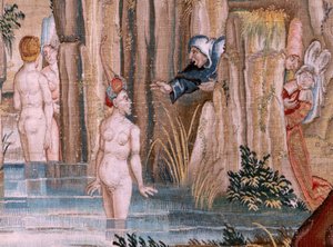 Vlaams wandtapijt. Serie Vier wandtapijten naar Hieronymus Bosch. Sint Antonius in gebed. Tweede wandtapijt in de serie. door Hieronymus (after) Bosch