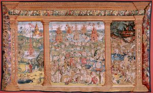 De tuin der lusten (Jardín de las Delicias). Vierde wandtapijt in de serie. Voor 1560. door Hieronymus (after) Bosch