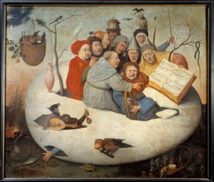 Het concert in het ei. Satire van alchemie gesymboliseerd door het filosofische ei. Schilderij naar Hieronymus Bosch (15e eeuw)