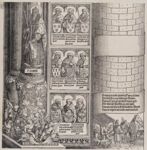 Maximiliaan als architect, met een standbeeld van Sint Leopold en bustes van Maximiliaans voorouders, 1517-1518