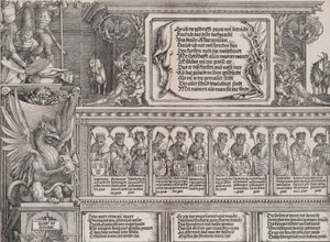 Het bovenste gedeelte van de rechterpoort, met de inscriptie op een hertenhuid, een fries met ..., 1515 door Hieronymus Andreae